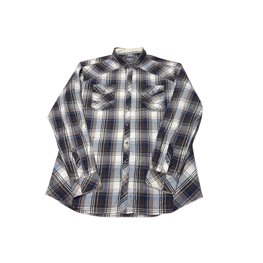 BKE Mens Athletic Fit Western Pearl Snap Plaid Long Sleeve Shirt‎ XL Brown Blue